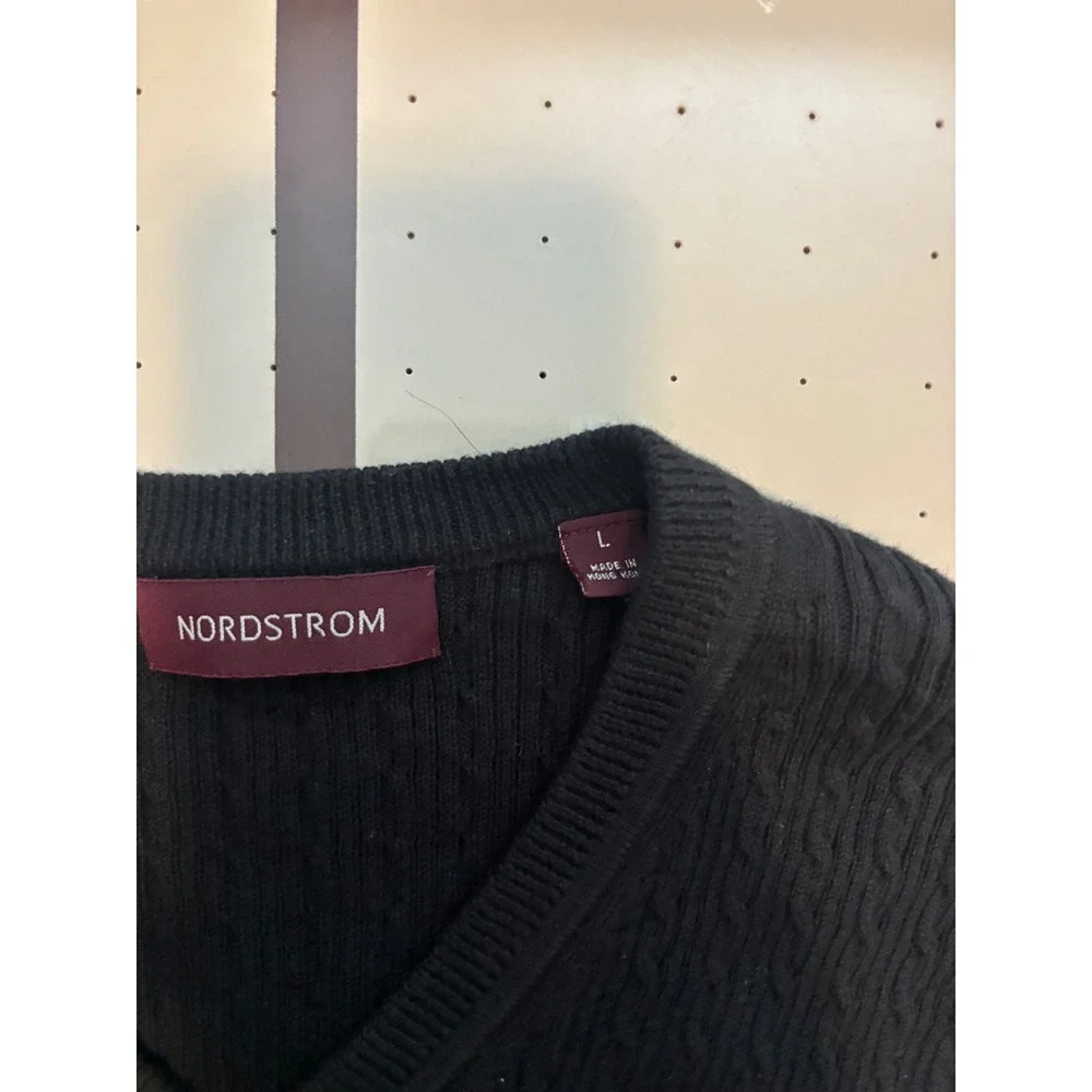 #011 Nordstrom Mens Black Cable Knit V-Neck Sweater Vest Sleeveless Large L
